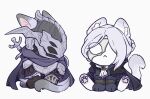  :< animal_ears animal_hands armor ascot brooch brother_and_sister cape cat cat_ears cat_paws chibi duchess_(elden_ring) elden_ring elden_ring_nightreign eye_mask full_body half_eye_mask helmet highres jewelry mask official_alternate_costume ornate_clothes pauldrons purple_cape shield shield_on_back shoulder_armor siblings sitting sword sword_on_back tail weapon weapon_on_back white_ascot white_background winged_helmet wuse54 wylder_(elden_ring) 