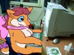 2025 4:3 anthro aurorianarchivist blue_eyes brown_hair clothing dragon fangs hair multicolored_body mythological_creature mythological_scalie mythology nonbinary_(lore) orange_body orange_ears orange_tail paws pink_bow pink_clothing purple_bow samael_(samael) scalie slightly_chubby solo tail teeth two_tone_body two_tone_tail white_body