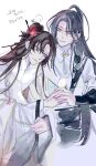  1boy 1girl bird black_hair brown_hair chief_(path_to_nowhere) commentary_request cowboy_shot du_bong_(rnjsqhfka15) facial_mark forehead_mark head_on_another's_shoulder highres holding_hands jichuan_(path_to_nowhere) korean_commentary looking_at_another male_chief_(path_to_nowhere) path_to_nowhere ponytail sitting white_background 