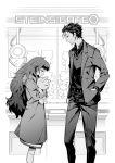  1girl belt blush collared_shirt copyright_name cowboy_shot crane_game facial_hair formal fuse_ryuuta greyscale hair_slicked_back hand_in_pocket highres hiyajou_maho hood hoodie jacket long_hair long_sleeves looking_at_another looking_down monochrome okabe_rintarou pants profile shirt short_hair smile standing steins;gate steins;gate_0 stubble stuffed_animal stuffed_cat stuffed_toy suit vest 