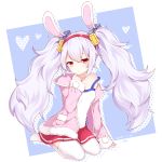  :o absurdres animal_ears azur_lane blue_background breasts bunny_ears commentary_request eyebrows_visible_through_hair fake_animal_ears fur-trimmed_jacket fur_trim hair_between_eyes hairband highres jacket laffey_(azur_lane) long_hair long_sleeves looking_at_viewer open_clothes open_jacket pink_jacket poinia red_eyes red_hairband red_skirt silver_hair sitting skirt small_breasts thighhighs twintails two-tone_background very_long_hair wariza white_background white_camisole white_legwear 