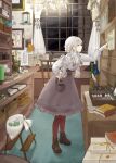  1girl absurdres amazu_(uzu_amazu) bag balance_scale basket book book_stack bookmark boots bottle box braid brown_boots center_frills chair chandelier chest_of_drawers closed_mouth collared_shirt commentary corset curtains desk earrings frills gloves green_eyes grey_corset grey_skirt hair_over_shoulder hair_tubes hand_on_own_hip hand_up highres hourglass indoors jar jewelry ladder long_hair nail_polish night notepad original paintbrush pantyhose red_nails red_pantyhose ringlets scissors sewing_machine shelf shirt shirt_tucked_in skirt solo standing stepladder sticker stud_earrings thermometer typewriter unworn_gloves weighing_scale white_gloves white_hair white_shirt window wrench 