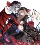  2girls absurdres alternate_costume back_bow black_dress black_hat blonde_hair blue_hair bow bowtie capelet closed_mouth commentary_request crystal crystal_wings dragon_horns dragon_wings dress flandre_scarlet frown hair_between_eyes hat hat_ribbon highres holding holding_polearm holding_weapon horns looking_at_viewer mob_cap multicolored_wings multiple_girls one_side_up pointy_ears polearm puffy_short_sleeves puffy_sleeves purple_bow purple_bowtie purple_capelet purple_hat purple_skirt purple_vest red_bow red_eyes red_wings remilia_scarlet ribbon shirt short_sleeves siblings sisters skirt spear spear_the_gungnir stuffed_animal stuffed_toy teddy_bear tomura_amane touhou touhou_lostword vest weapon white_shirt wings 