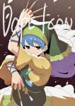  1girl absurdres apron arm_ribbon arm_up between_fingers blue_hair blue_ribbon breasts chisel commentary_request covered_mouth dot_nose dress flower frilled_dress frilled_headwear frills from_above gradient_background green_apron green_headscarf hand_up haniyasushin_keiki headscarf highres holding holding_tool jitome kapuri_(capuriwa) long_hair looking_at_viewer medium_breasts mixed_holding object_in_pocket pocket raised_eyebrows red_eyes ribbon short_sleeves simple_background single_strap solo standing tools touhou white_flower wide_sleeves wood_carving_tool yellow_dress 