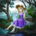  1girl absurdres animal_print bing_guo blonde_hair blush breasts brown_hat chinese_commentary commentary_request frilled_skirt frills frog_print hair_ribbon hand_on_headwear hat highres holding holding_leaf leaf long_hair long_sleeves moriya_suwako open_mouth outdoors purple_skirt purple_vest ribbon sitting skirt skirt_set small_breasts socks solo touhou tree tress_ribbon vest white_socks wide_sleeves yellow_eyes 