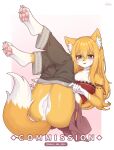  1girl absurdres animal_ear_fluff animal_ears animal_nose arm_tattoo artist_name black_eyes blush border breasts cameltoe claws cleavage clothes_pull collarbone commentary commission crop_top english_commentary fox_ears fox_girl fox_tail furry furry_female gradient_background grey_pants highres legs_together legs_up long_hair looking_at_viewer lying mo_(k40633) on_back open_mouth orange_fur orange_hair original panties pants pants_pull pawpads pink_background red_shirt shirt signature snout solo strap_slip sweatdrop tail tattoo thighs tribal_tattoo twitter_username two-tone_fur underwear white_background white_border white_fur white_panties 