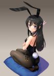  animal_ears ass black_hair black_legwear black_leotard bunny_ears bunny_tail bunnysuit crossed_arms cushion detached_collar from_behind full_body gradient gradient_background grey_background grey_eyes hair_ornament hairclip katahira_masashi leotard long_hair looking_at_viewer pantyhose sakurajima_mai seishun_buta_yarou seiza sitting solo strapless strapless_leotard tail 