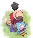  2boys 6tnut9 antlers back commentary_request grass hat hood horns indian_style male_focus monkey_d._luffy multiple_boys one_piece orange_shorts pink_hat purple_sash red_shirt reindeer_antlers sash shirt shorts sitting sleeping straw_hat tony_tony_chopper 