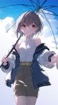  1girl bang_dream! bang_dream!_it's_mygo!!!!! belt blue_jacket blush breasts chinese_commentary collared_shirt commentary_request grey_hair grey_skirt hair_between_eyes highres holding holding_umbrella jacket looking_at_viewer medium_breasts multicolored_hair off_shoulder offering_hand open_clothes open_jacket open_mouth red_eyes shirt simple_bird skirt sleeveless sleeveless_shirt solo takamatsu_tomori transparent transparent_umbrella umbrella white_shirt yellow_belt yun_cao_bing 