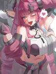  1boy 1girl absurdres arknights arknights:_endfield black_gloves black_hair black_horns blush breasts crop_top diamond_in_eye dragon_girl dragon_horns dragon_tail endministrator_(arknights) gloves grabbing_another's_breast grabbing_from_behind groping hair_intakes hair_on_horn heart highres holding_another's_wrist horns large_breasts little_bit_(544633426) long_hair mask multicolored_gloves multicolored_hair multicolored_horns navel open_fly open_mouth pants pink_gloves pink_hair pink_horns pink_sleeves pink_tube_top pointy_ears short_hair simple_background spoken_heart strapless streaked_hair tail tube_top two-tone_gloves two-tone_horns white_background white_pants yvonne_(arknights) 