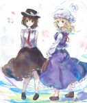  2girls :d absurdres adapted_costume arms_behind_back back_ribbon bag belt black_belt black_hat black_shoes black_skirt blonde_hair blue_eyes blush bow brown_bag brown_eyes brown_hair brown_shoes collared_shirt commentary frilled_shirt_collar frilled_skirt frills hair_bow hat hat_bow highres holding holding_bag long_hair long_sleeves maribel_hearn mob_cap multiple_girls necktie open_mouth purple_skirt purple_vest red_necktie red_ribbon ribbon ribbon-trimmed_skirt ribbon_trim shirt shirt_tucked_in shoes short_hair skirt smile socks standing star_(symbol) touhou usami_renko uwazumi vest white_background white_bow white_hat white_shirt white_socks 