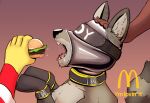 bdsm bondage bondage_gear bondage_gloves bound burger clothing collar food gimp_mask handwear hi_res humor lukabun mammal mask mcdonald's procyonid raccoon