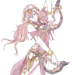  1girl arm_up commentary_request dual_wielding harem_outfit holding holding_weapon jasmine_(path_to_nowhere) jrnc23 korean_commentary long_hair looking_to_the_side path_to_nowhere pink_hair see-through_clothes sideways_glance solo weapon white_background 