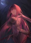  1girl absurdres armor bodysuit breasts closed_mouth fate/grand_order fate_(series) gae_bolg_(fate) hair_between_eyes highres holding holding_weapon large_breasts leotard long_hair o_taku polearm purple_bodysuit purple_hair purple_leotard red_eyes scathach_(fate) shoulder_armor smile solo spear very_long_hair weapon 