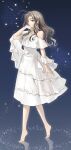  1girl absurdres antenna_hair arm_at_side asamitsu_(n_morninglight) barefoot brown_hair clip_studio_paint_(medium) closed_mouth commentary curly_sidelocks curtained_hair dress english_commentary expressionless feet forehead frilled_dress frills from_side full_body hand_in_own_hair hand_up highres layered_dress long_hair looking_at_viewer original profile purple_eyes reflective_floor sidelocks sideways_glance single_bare_shoulder single_off_shoulder solo star_(sky) starry_sky_background tiptoes toenails toes walking wavy_hair white_dress 