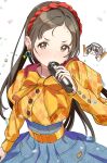  1girl :o absurdres belt blunt_ends blush bow brown_hair buttons chibi collar collared_shirt confetti denim denim_skirt determined earrings flying_sweatdrops furrowed_brow gakuen_idolmaster hairband highres hiwatari_kanae holding holding_lightstick holding_microphone hoop_earrings idolmaster jewelry juliet_sleeves kuramoto_china large_bow lightstick long_sleeves maid_headdress microphone official_alternate_costume official_alternate_hairstyle orange_belt orange_bow orange_shirt parted_bangs plaid_clothes plaid_shirt puffy_sleeves red_collar red_hairband shirt simple_background skirt skirt_pocket solo straight_hair sweatdrop sweater teeth uouokuma upper_teeth_only white_background 