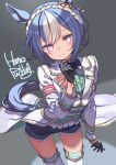  1girl animal_ears artist_name black_gloves blue_hair blue_shorts braid cesario_(future_weaver)_(umamusume) cesario_(umamusume) closed_mouth commentary_request crown_braid fingerless_gloves gloves highres horse_ears horse_girl horse_tail jacket long_sleeves looking_at_viewer paid_reward_available puddinghomhom purple_eyes short_hair short_shorts shorts smile solo tail thighhighs umamusume white_hair white_jacket white_thighhighs 