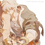 2boys black_hair black_shirt blonde_hair brown_coat closed_eyes closed_mouth coat dougi english_commentary english_text fingerless_gloves forked_eyebrows gloves happy_birthday head_on_another's_shoulder headband jewelry ken_masters long_sleeves male_focus mini_person miniboy multiple_boys muscular muscular_male necklace pants red_headband red_pants ryu_(street_fighter) shirt short_hair simple_background sitting sleeping sleeping_on_person sleeping_upright sleeves_rolled_up street_fighter street_fighter_6 thick_eyebrows white_background xp_guaiyi_renlei 