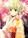  1girl blonde_hair fireworks japanese_clothes lips lipstick makeup measure_heart red_eyes solo to_aru_majutsu_no_index 