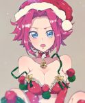  alternate_costume bell bell_choker blue_eyes breasts choker cleavage code_geass flipped_hair frown hat highres kallen_stadtfeld large_breasts open_mouth pink_hair santa_costume santa_hat short_hair sleeveless solo spaghetti_strap strap_slip sumi_otto 