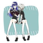  androgynous blue_hair book closed_eyes crystal_hair gem_uniform_(houseki_no_kuni) ghost_quartz_(houseki_no_kuni) grey_hair hair_over_eyes hand_in_hair houseki_no_kuni ishii_(wami5285) lapis_lazuli_(houseki_no_kuni) long_hair multiple_others necktie reading short_hair_with_long_locks silver_hair sitting smile white_hair 