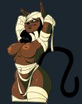  anthro bandage bedroom_eyes black_hair breasts brown_eyes brown_fur digital_media_(artwork) ecaflip exposed_breasts feline female freckles fur hair half-closed_eyes looking_at_viewer mammal miranda_(wakfu) nipples pubes seductive simple_background smile solo standing van_(artist) wakfu 