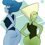  alien bedroon_eyes big_butt blonde_hair blue_hair blue_skin breasts butt cartoon_network clothing female gem_(species) green_skin hair humanoid lapis_lazuli_(steven_universe) mochakitkat not_furry peridot_(steven_universe) smile smirk steven_universe swimsuit thick_thighs wide_hips 