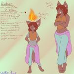  4_toes anthro big_breasts biped breasts brown_hair canine clothed clothing digitigrade ember_(wolfie-pawz) english_text eyebrows eyes_closed female fire fully_clothed fur hair long_hair mammal midriff model_sheet navel shirt signature smile standing teeth text toes wolf wolfie-pawz 