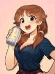  beer_can blush breasts brown_background brown_eyes brown_hair can cleavage collarbone earrings eyebrows_visible_through_hair hand_on_hip idolmaster idolmaster_cinderella_girls jewelry kamille_(vcx68) katagiri_sanae large_breasts looking_at_viewer low_twintails medium_hair open_mouth short_sleeves short_twintails smile solo teeth twintails upper_body 