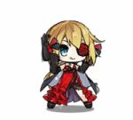  alternate_costume animated animated_gif blonde_hair blue_eyes bridal_gauntlets cape chibi dancing dress elbow_gloves eyepatch flower_eyepatch frilled_dress frills girls_frontline gloves grin gun long_hair lowres pose red_dress saru simple_background skorpion_vz._61 smile solo sprites submachine_gun throwing vz.61_(girls_frontline) weapon white_background 