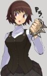  bangs braid brass_knuckles breasts brown brown_hair commentary_request crown_braid grey_background niijima_makoto open_mouth persona persona_5 short_hair shuujin_academy_uniform simple_background sketch solo spiked_knuckles weapon yuusuke_(5yusuke3) 