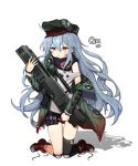  assault_rifle black_shorts blue_scarf boots brown_footwear coat commentary_request g11 g11_(girls_frontline) girls_frontline green_eyes green_hat green_jacket gun hat holding holding_gun holding_weapon jacket knee_pads kneeling kuang1104 long_hair long_sleeves looking_at_viewer messy_hair off_shoulder open_clothes open_coat open_jacket open_mouth pouch rifle scarf scarf_on_head shadow shirt shoes short_shorts shorts shoulder_cutout sleeveless sleeveless_shirt thigh_strap untied_shoes weapon white_background white_shirt 