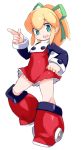  1girl blonde_hair blush boots bow dress female hair_bow karukan_(monjya) open_mouth ponytail rockman rockman_(classic) roll simple_background solo teeth white_background 