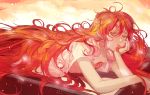  ahoge androgynous chin_rest danyagoe gem houseki_no_kuni long_hair looking_at_viewer lying on_stomach open_clothes open_shirt padparadscha_(houseki_no_kuni) red_eyes red_hair smile solo very_long_hair wavy_hair 
