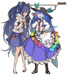  barefoot black_hat blue_bow blue_hair blush boots bow brown_footwear closed_eyes commentary_request directional_arrow food fruit fujinohara_akihira full_body hair_between_eyes hair_bow hand_on_hip hat height_difference hinanawi_tenshi holding holding_stuffed_animal hood hoodie leaf long_hair long_sleeves looking_at_another multiple_girls no_nose peach ponytail rainbow_order romaji short_sleeves smile sparkle standing stuffed_animal stuffed_toy touhou very_long_hair white_background yorigami_shion 