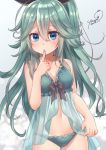  babydoll blue_eyes breasts cleavage commentary_request dated finger_to_mouth green_hair green_panties hair_ribbon kantai_collection long_hair navel panties ponytail ribbon signature solo underwear very_long_hair yamakaze_(kantai_collection) yumi_yumi 