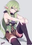 ;o absurdres armpits bare_shoulders blush bow commentary elf goblin_slayer! green_eyes green_hair hair_bow high_elf_archer_(goblin_slayer!) highres interlocked_fingers long_hair low_ponytail one_eye_closed open_mouth pointy_ears shorts sidelocks sitting sleeveless solo tegar32 thighhighs 