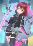  absurdres furihata_ai glowing green_eyes gundamzukidayo highres icey icey_(game) kurosawa_ruby looking_at_viewer love_live! love_live!_sunshine!! red_hair seiyuu_connection short_hair solo twintails weapon 