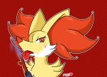  ambiguous_gender beauty_mark delphox hi_res inner_ear_fluff licking looking_at_viewer mahoxy nintendo pok&eacute;mon pok&eacute;mon_(species) saliva solo stick tongue tongue_out video_games 