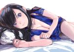  bed_sheet black_hair blue_dress blue_eyes breasts cleavage dress kiriyama light_smile lipps_(idolmaster) long_hair looking_at_viewer lying on_side original parted_lips solo 