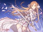  asuna_(sao) bare_shoulders brown_hair chest_armor commentary_request detached_sleeves dress eyebrows_visible_through_hair gloves hair_ornament light_smile long_hair looking_at_viewer rie_(reverie) solo sword sword_art_online thighhighs two_side_up vambraces very_long_hair weapon white_gloves yellow_eyes 