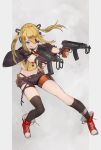  asymmetrical_legwear bangs black_bikini_bottom black_gloves black_shorts blonde_hair blue_eyes commentary_request dual_wielding eyepatch girls_frontline gloves gun hair_between_eyes hair_ornament holding jacket long_hair partly_fingerless_gloves pouch red_footwear shirt short_shorts shorts sidelocks simple_background single_thighhigh skorpion_vz._61 smile solo submachine_gun thighhighs tongue tongue_out totteri twintails vz.61_(girls_frontline) weapon yellow_shirt 