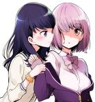  bangs black_hair blush bow bowtie collared_shirt commentary grey_eyes hair_over_one_eye long_hair long_sleeves looking_at_another multiple_girls niina_ryou open_mouth orange_scrunchie pink_eyes pink_hair pink_neckwear scrunchie shinjou_akane shirt short_hair sleeves_past_wrists ssss.gridman takarada_rikka upper_body white_background wrist_scrunchie yuri 