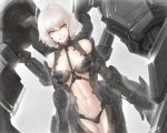  ahoge ass_visible_through_thighs black_panties highres mecha mechanical_parts misawa_kei original panties red_eyes short_hair simple_background smirk solo underwear white_hair 