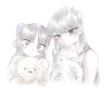  black_eyes black_hair bow hair_bow holding komi-san_wa_komyushou_desu komi_shouko long_hair looking_at_viewer mitsugu multiple_girls natsukido_rei smile stuffed_animal stuffed_cat stuffed_toy teddy_bear white_background yellow_eyes 