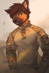  2018 anthro blurred_background brown_hair brown_nose canine day detailed_background green_eyes hair koul looking_at_viewer mammal outside sky smile solo standing 