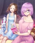  ^_^ ^o^ abubu bare_shoulders book bookmark breasts brown_hair closed_eyes collarbone dress eyebrows_visible_through_hair fate/grand_order fate_(series) fou_(fate/grand_order) glasses hair_over_one_eye highres leonardo_da_vinci_(fate/grand_order) long_hair looking_at_viewer mash_kyrielight multiple_girls pajamas ponytail purple_eyes purple_hair short_hair sitting sleeveless sleeveless_dress smile 