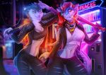  2018 anthro blue_eyes breasts clothed clothing detailed_background digital_media_(artwork) dragon duo female kammi-lu mammal midriff navel non-mammal_breasts red_eyes standing 