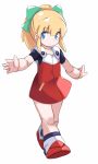  1girl android blonde_hair blue_eyes bow dress female full_body hair_bow karukan_(monjya) ponytail rockman rockman_(classic) roll simple_background smile solo white_background 