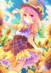  arm_up bag belt bracelet day dennryuurai flower hair_ribbon hat highres jewelry lifted_by_self lolita_fashion long_hair looking_at_viewer nail_polish original puffy_short_sleeves puffy_sleeves ribbon short_sleeves skirt skirt_lift smile solo standing sunflower 